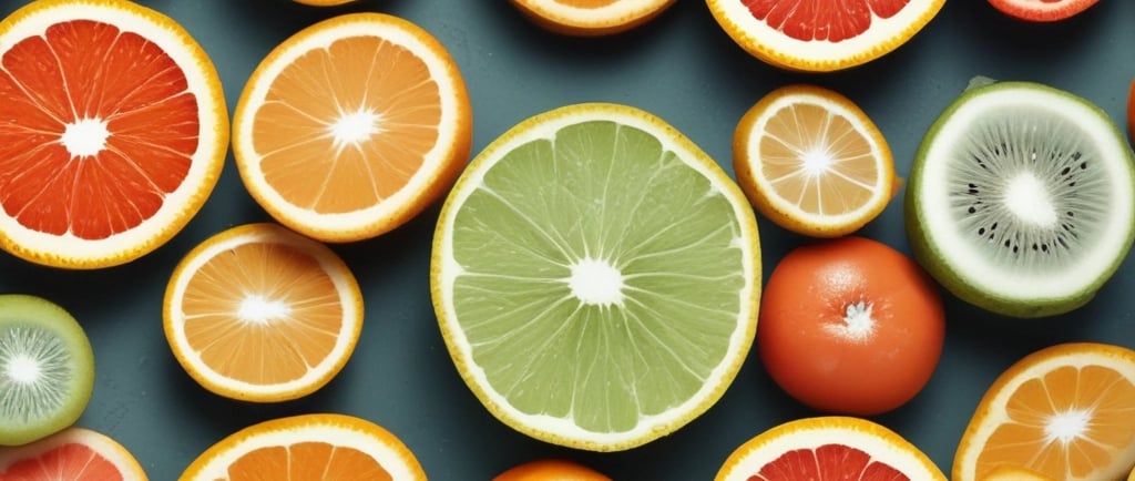 Vista superior de fatias de frutas cítricas frescas, incluindo laranjas, toranjas (grapefruits) e li