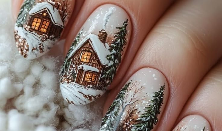 a woman's hand painted christmas nail art with a house in the snow