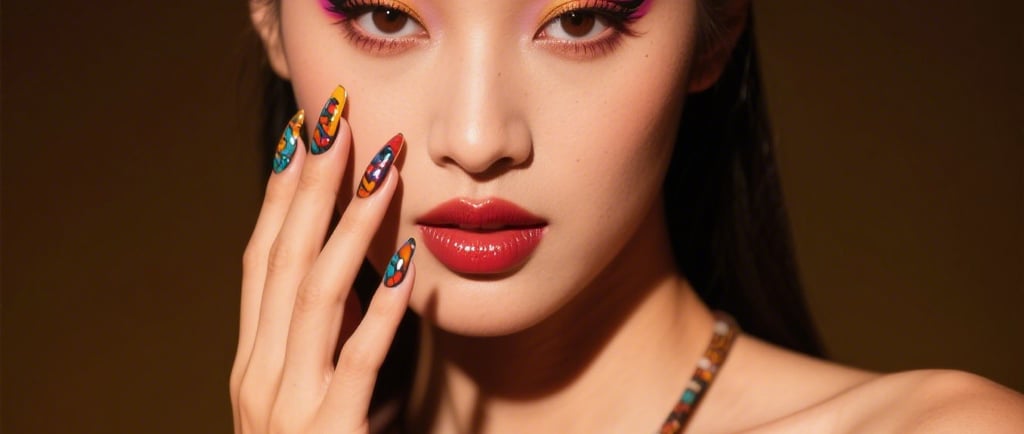a woman with a colorful manicure and a colorful manicure