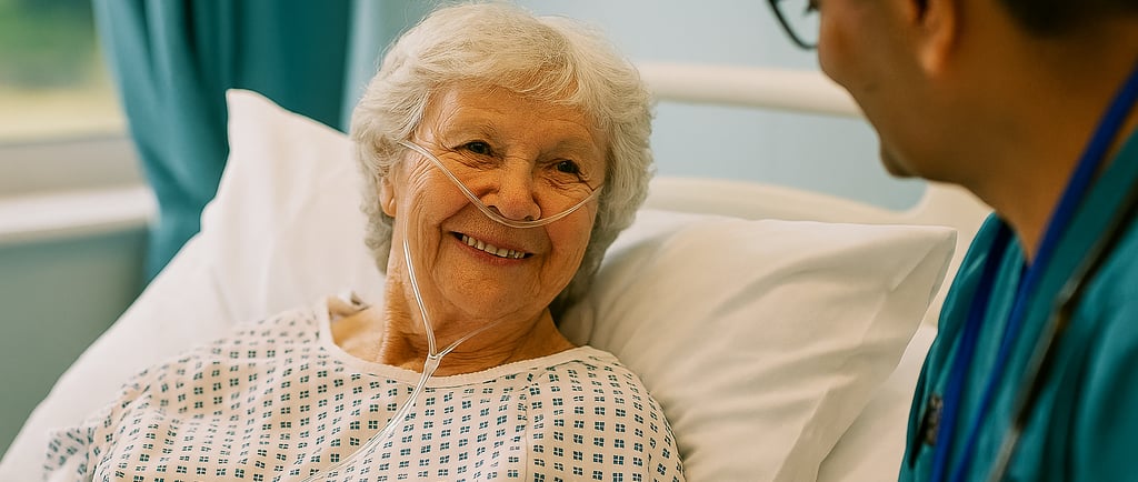 a heartwarming moment between an elderly woman on oxygen and a caring doctor