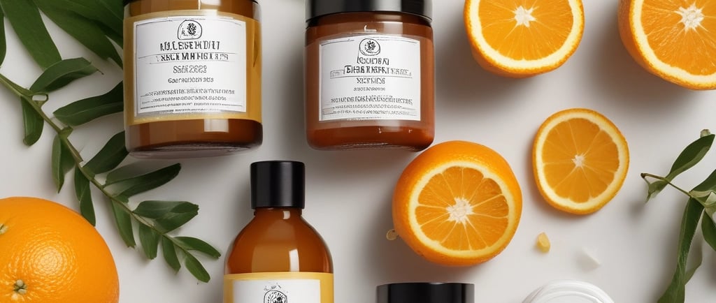 A set of orange-themed beauty products, including a soap box and a bottle labeled 'Brightening C+ with Glutathione', is surrounded by fresh oranges and red petals. The scene is set against a textured light background, creating a vibrant and fresh atmosphere.