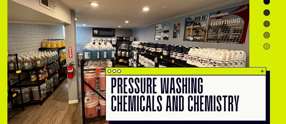 A store display of available chemicals and othe supplies for the pressure washing industry