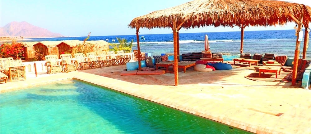 Budget friendly beach vacation pool in front of the sea in Egypt