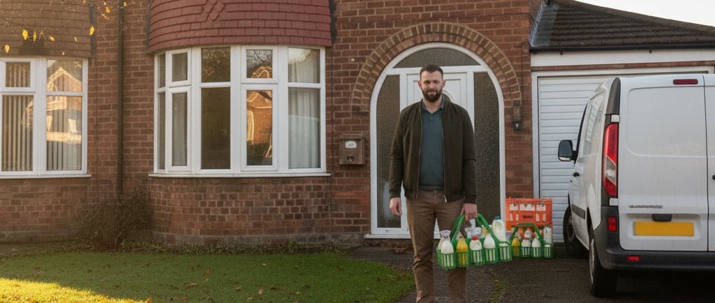 Local milkman James Dawson delivering glass bottles of milk to a customer’s doorstep