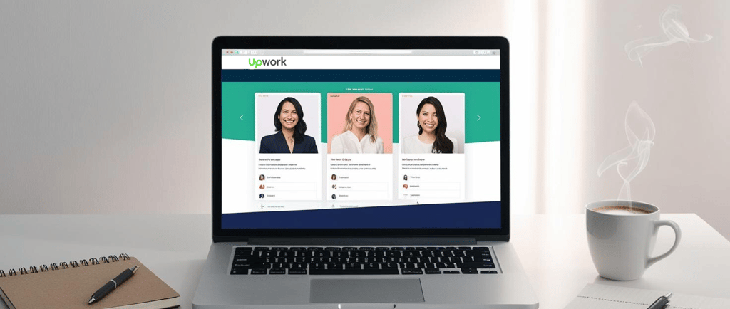 a laptop screen showing Upwork page and a cup of coffee
