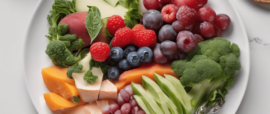 une assiette avec des fruits des légumes et des baies