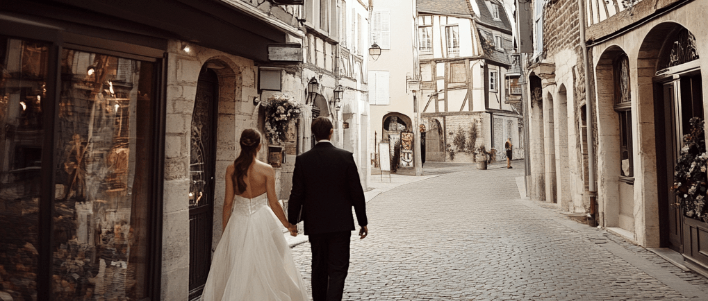 un couple marié en tenue de marié se promène dans les rues de rouen