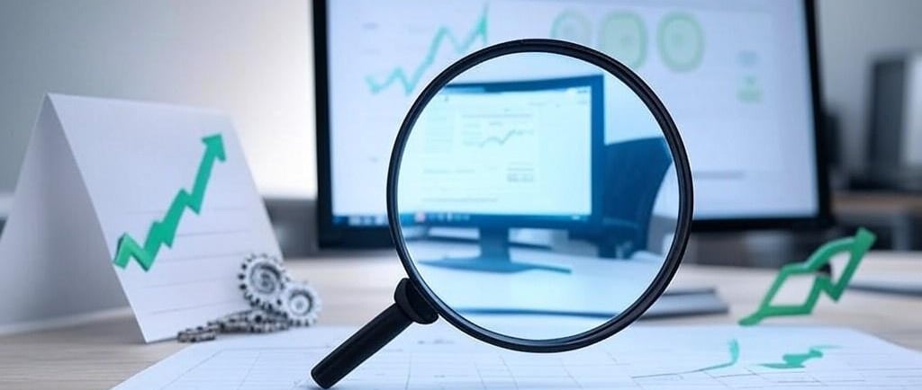 Illustrative image of SEO concepts, featuring a magnifying glass, graph, links, and gears, symbolizi