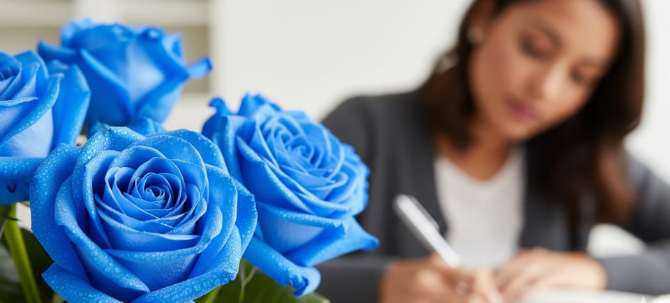 blue roses close up as woman writes notes