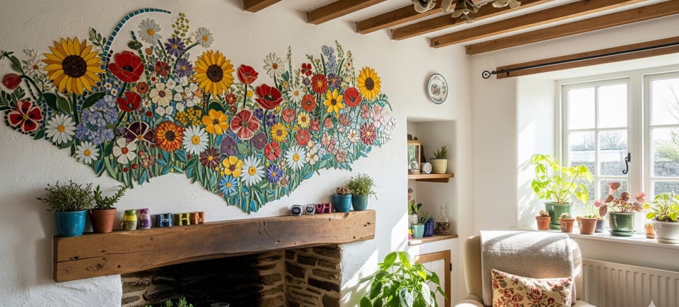a living room with a fireplace and a large mural of flowers