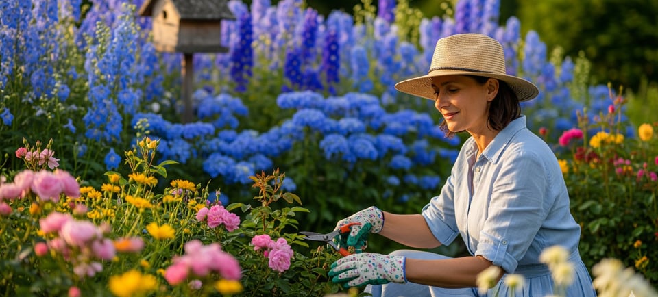 woman mastering flower breediing in garden