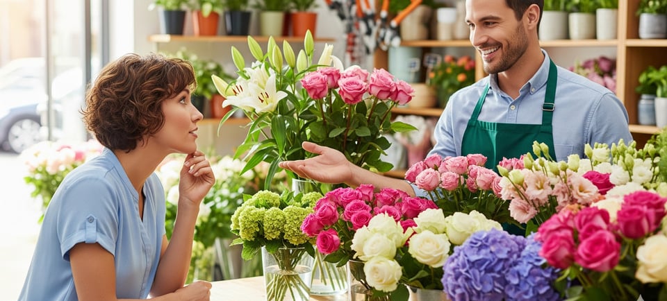 woman asking male florist for advice