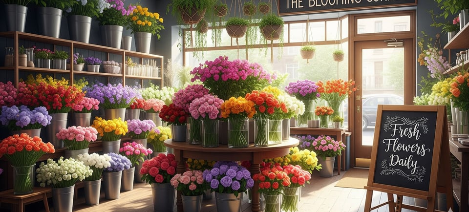 a flower shop with a sign that says the blooming corner
