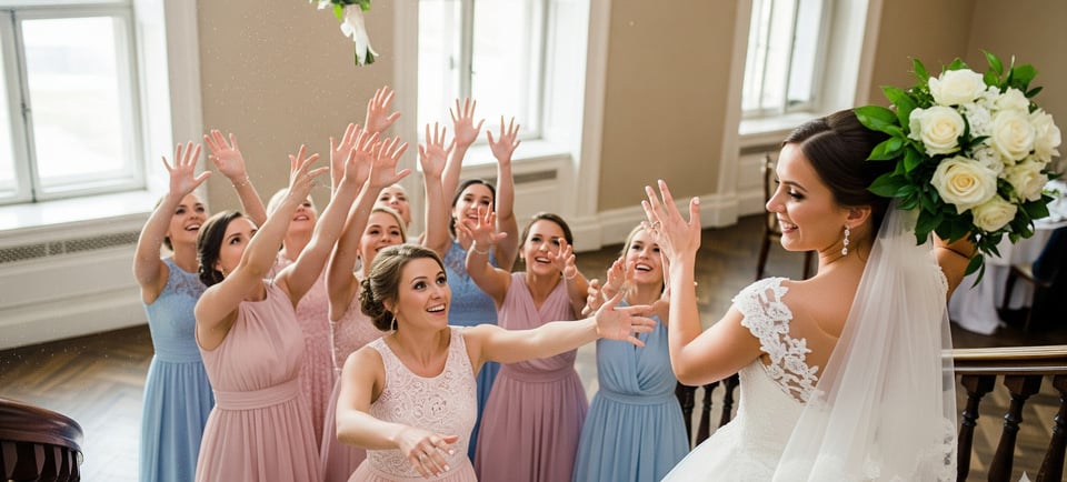 bride throwing flowers to bridesmaids