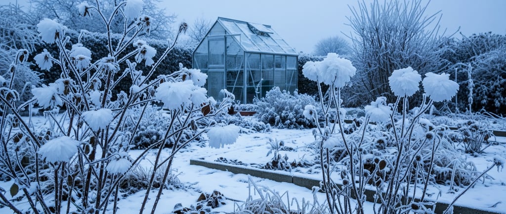 a greenhouse with snow covered plants and a greenhouse