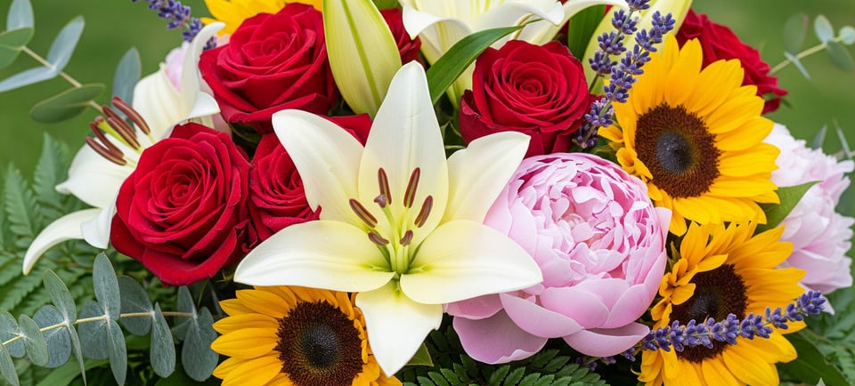 a bouquet of flowers in a vase on a table