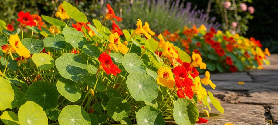 a garden with nasturtiums and plants in the foreground