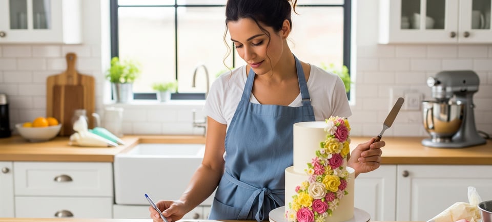 a woman in a blue apron and aprons is holding a knife and cutting a