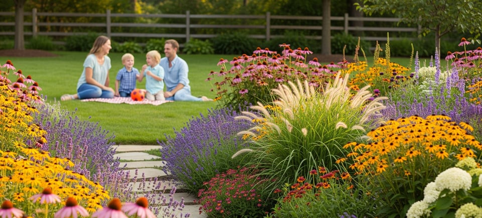perennials garden with family sat on grass