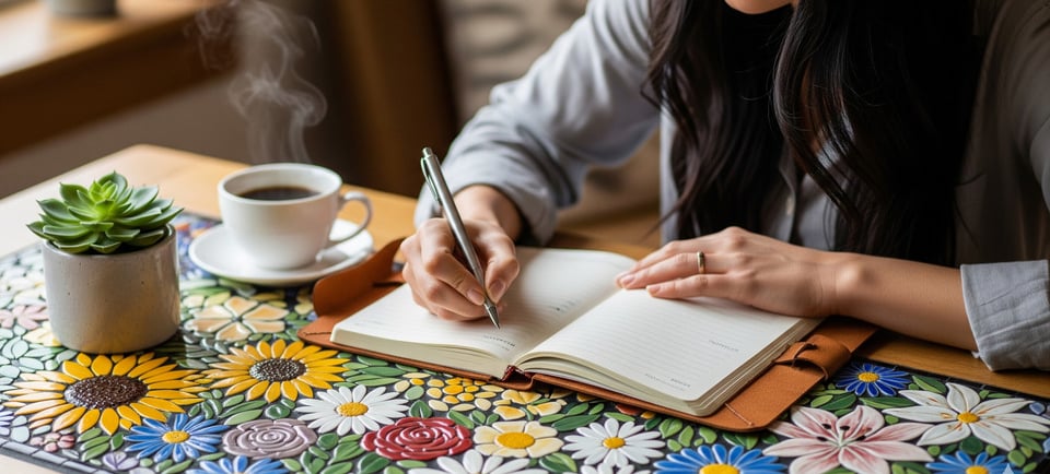 a woman is writing in a notebook and holding a pen