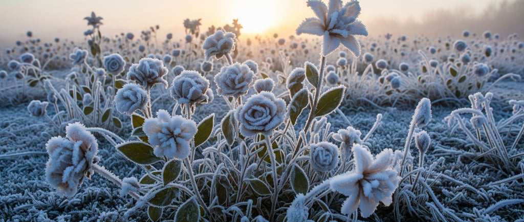 a field of frosty flowers