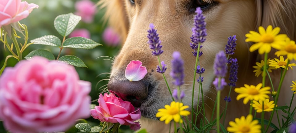 a dog is sniffing the flowers in the garden