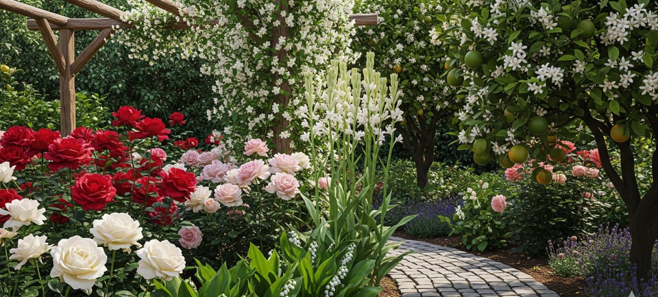a garden with a path leading to a garden