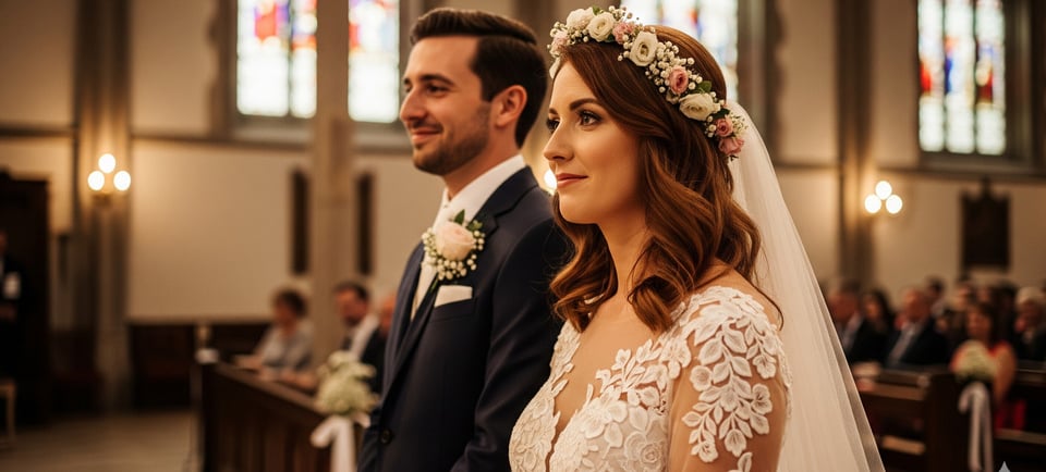 a bride and groom standing in a church