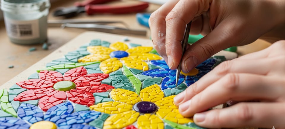 close up of mosaic flowers being made by hand