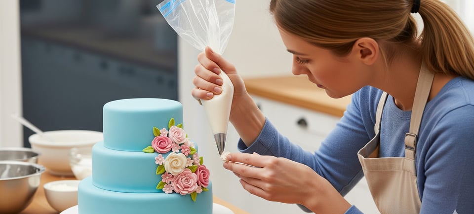 a woman in a blue shirt piping buttercream flowers