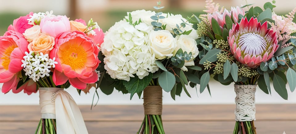 three wedding bouquets on display