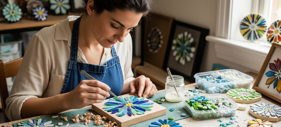 woman making mosaic flowers