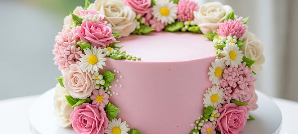 a cake with pink and white flowers on top of a white cake
