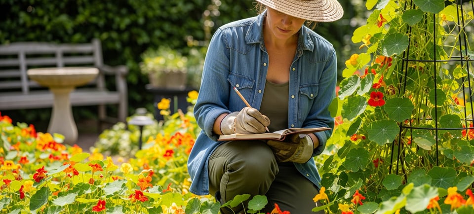 a woman in a straw hat is writing on a notebook