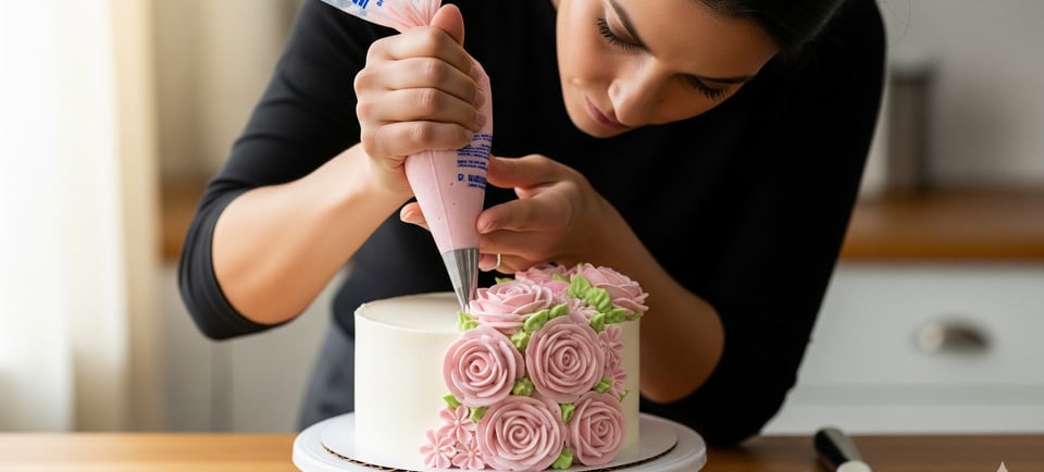 a woman is using a cake with a pink rose on it