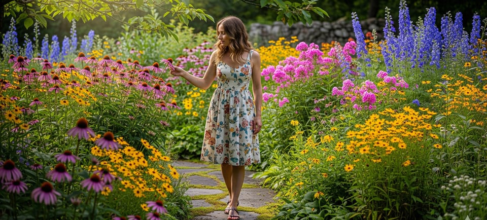 woman walking in garden looking at flowers