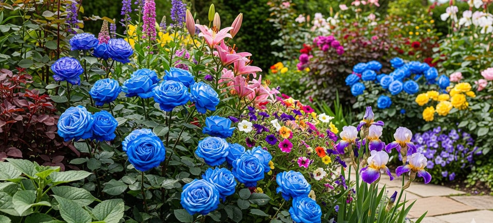 blue roses and other hybrid flowers in garden