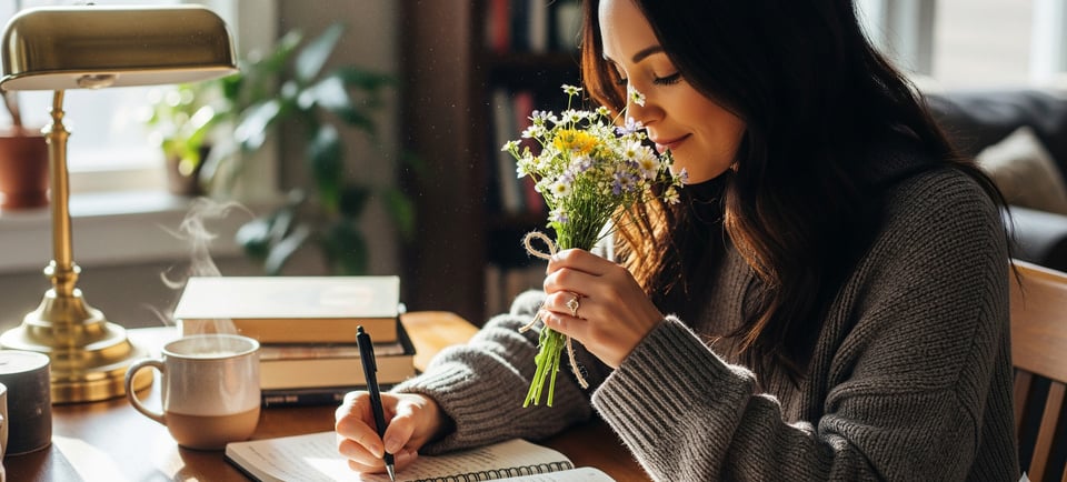 a woman sitting at a desk with a notebook smelling floral fragrances