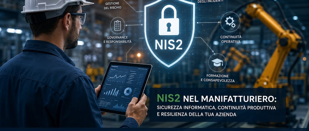 Engineer using a tablet to manage NIS2 cybersecurity compliance in a smart manufacturing factory facility.