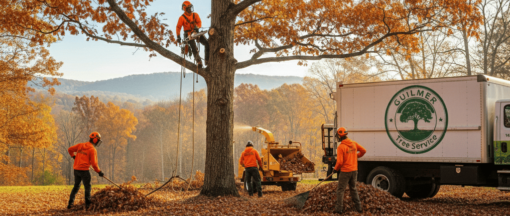 Certified arborist performing fall tree pruning on a maple tree in Northern Virginia