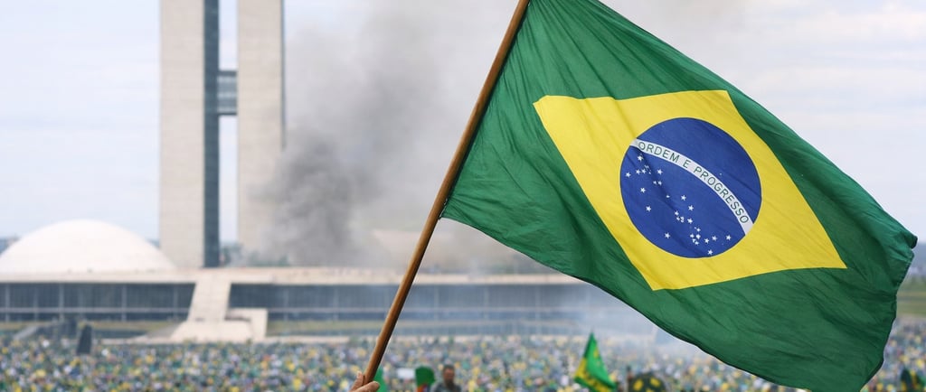 a man holding a flag in front of a crowd of people