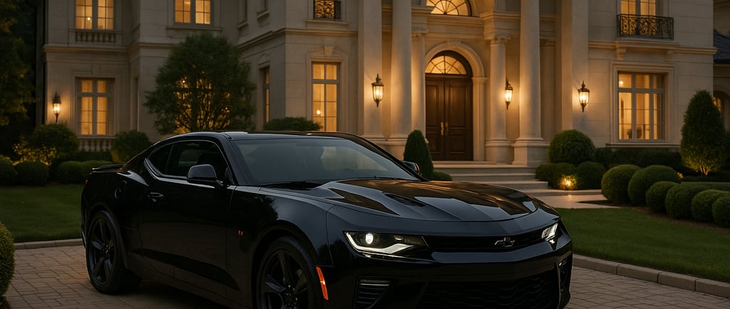 a black car parked in front of a large house