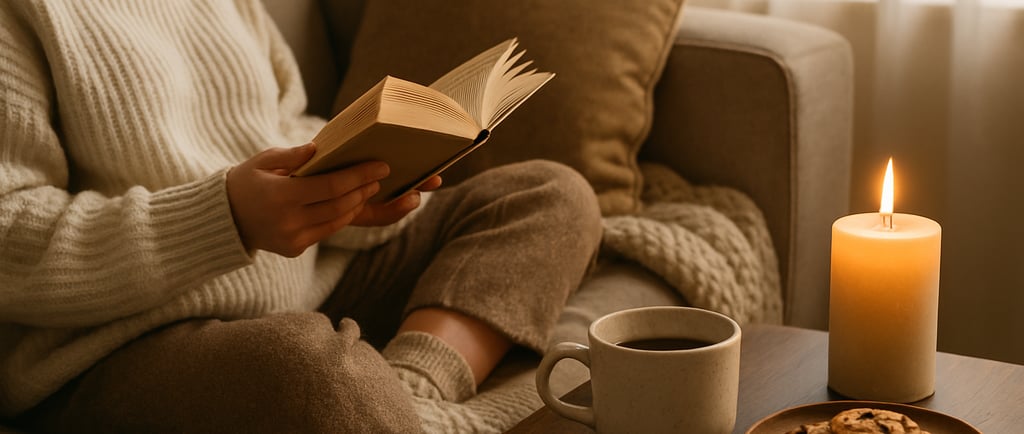 a person sitting on a couch reading a book