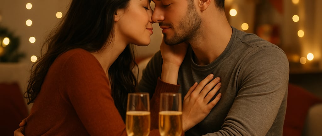 a man and woman kissing in front of a table