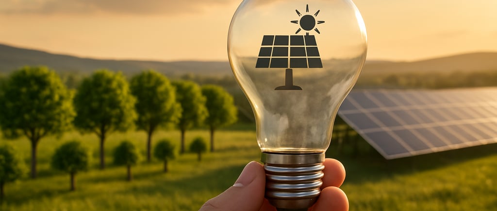 a person holding a light bulb in front of a solar paneled light bulb