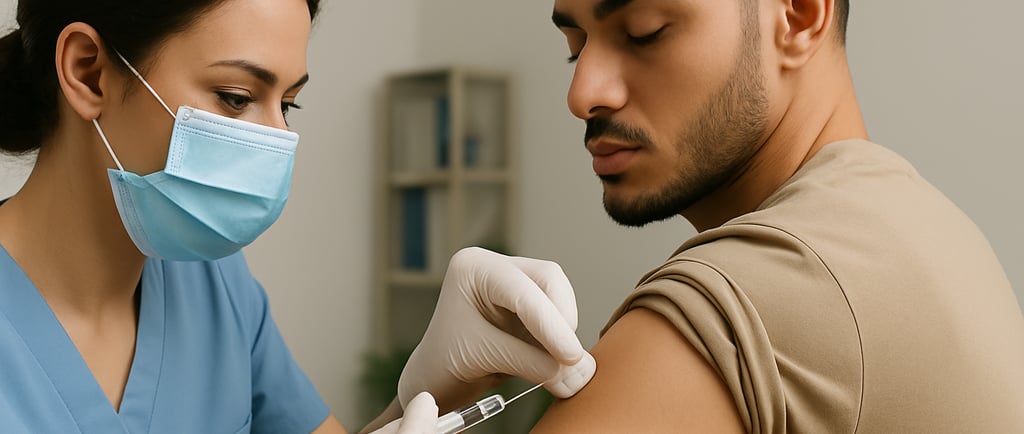 a man in a medical mask and gloves is getting a vaccine