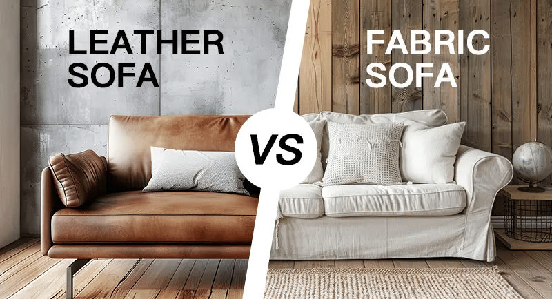 divided picture with leather sofa and fabric sofa