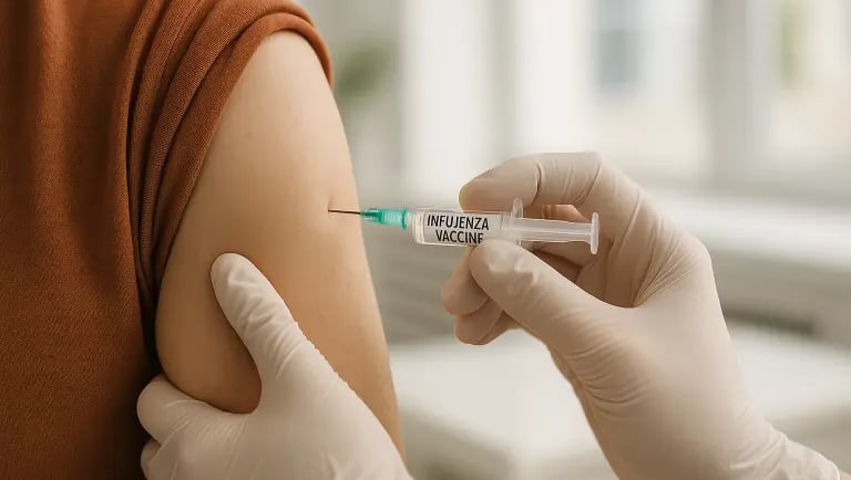 Profissional aplica vacina da gripe em braço exposto, transmitindo cuidado e prevenção à saúde.