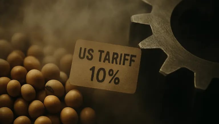 Close-up de soja e engrenagem com névoa e carimbo "US Tariff 10%", sugerindo incerteza econômica.