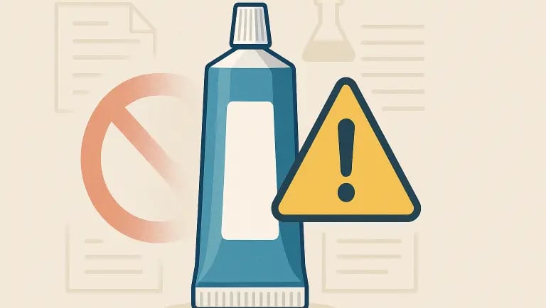 tubo de pasta de dente com um símbolo de proibição desvanecido e um alerta amarelo destacado